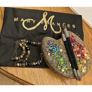 MARY FRANCES “PAINTER’S PALETTE” GOLD/RAINBOW BEADED HANDBAG/PURSE w/DUSTBAG